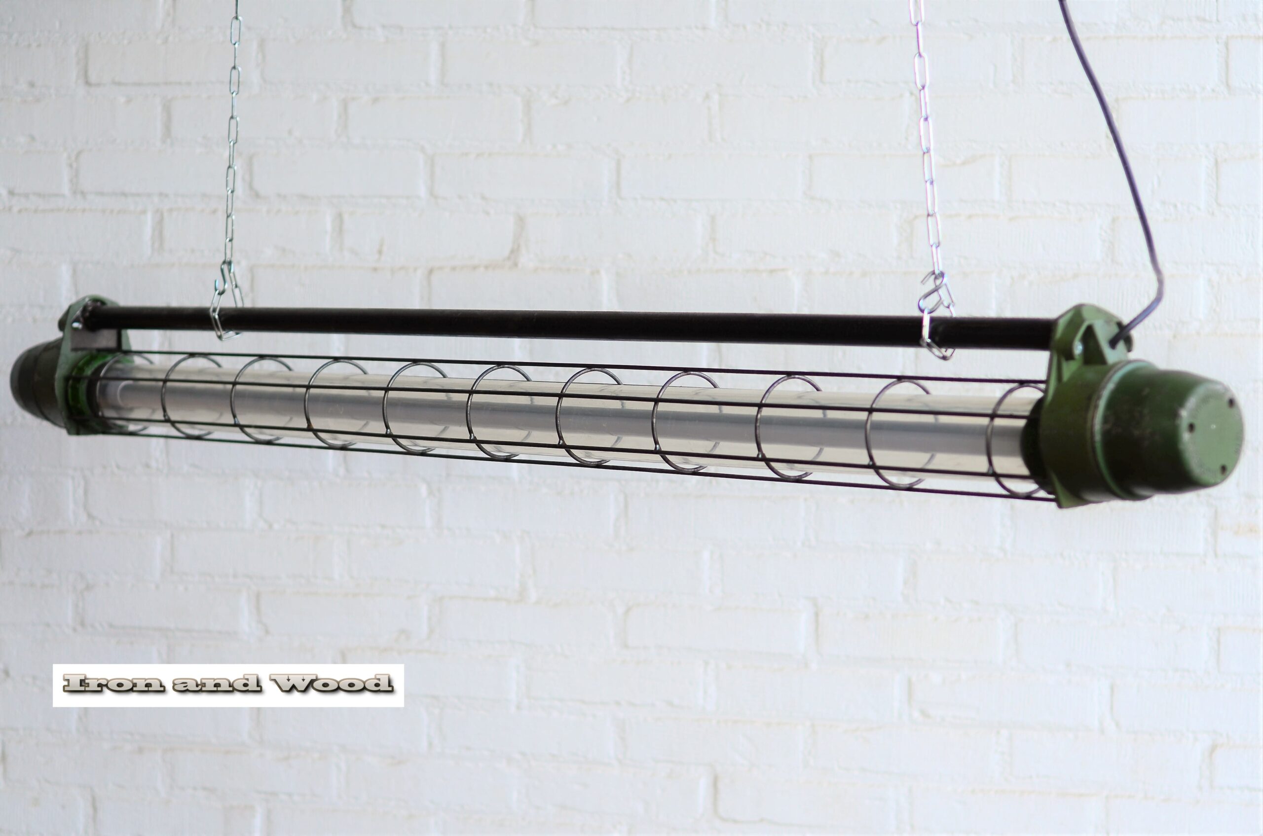 Industriele oude groene TL lamp / kooilamp met dimbare led TL - Afbeelding 4