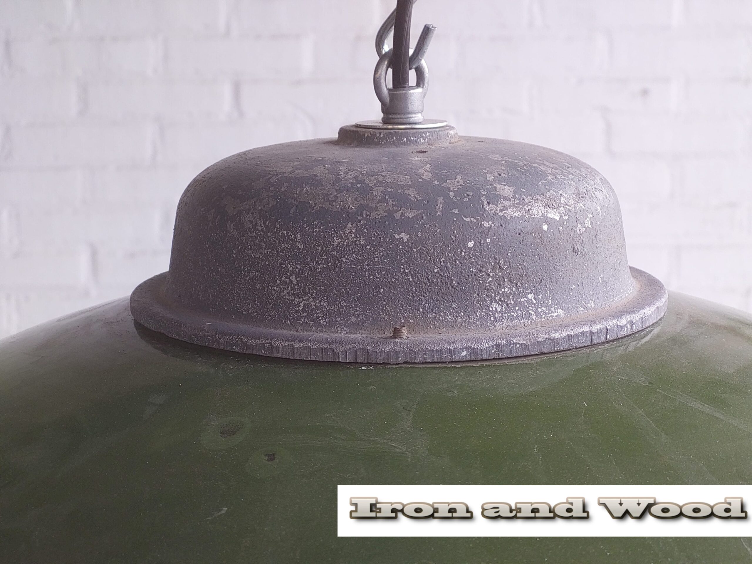 Oude groene emaille lamp met glazen stolp - Afbeelding 3