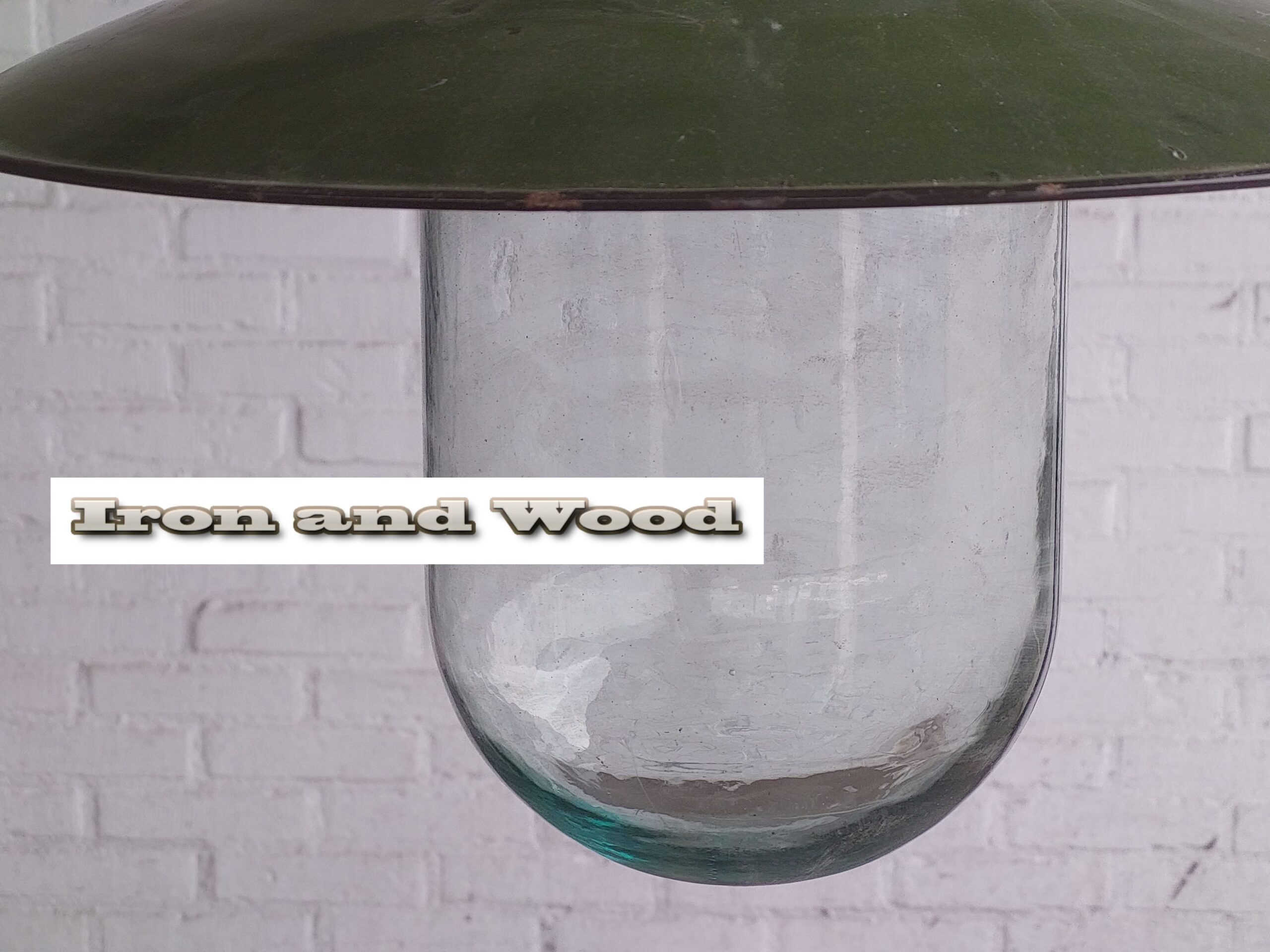 Oude groene emaille lamp met glazen stolp - Afbeelding 5