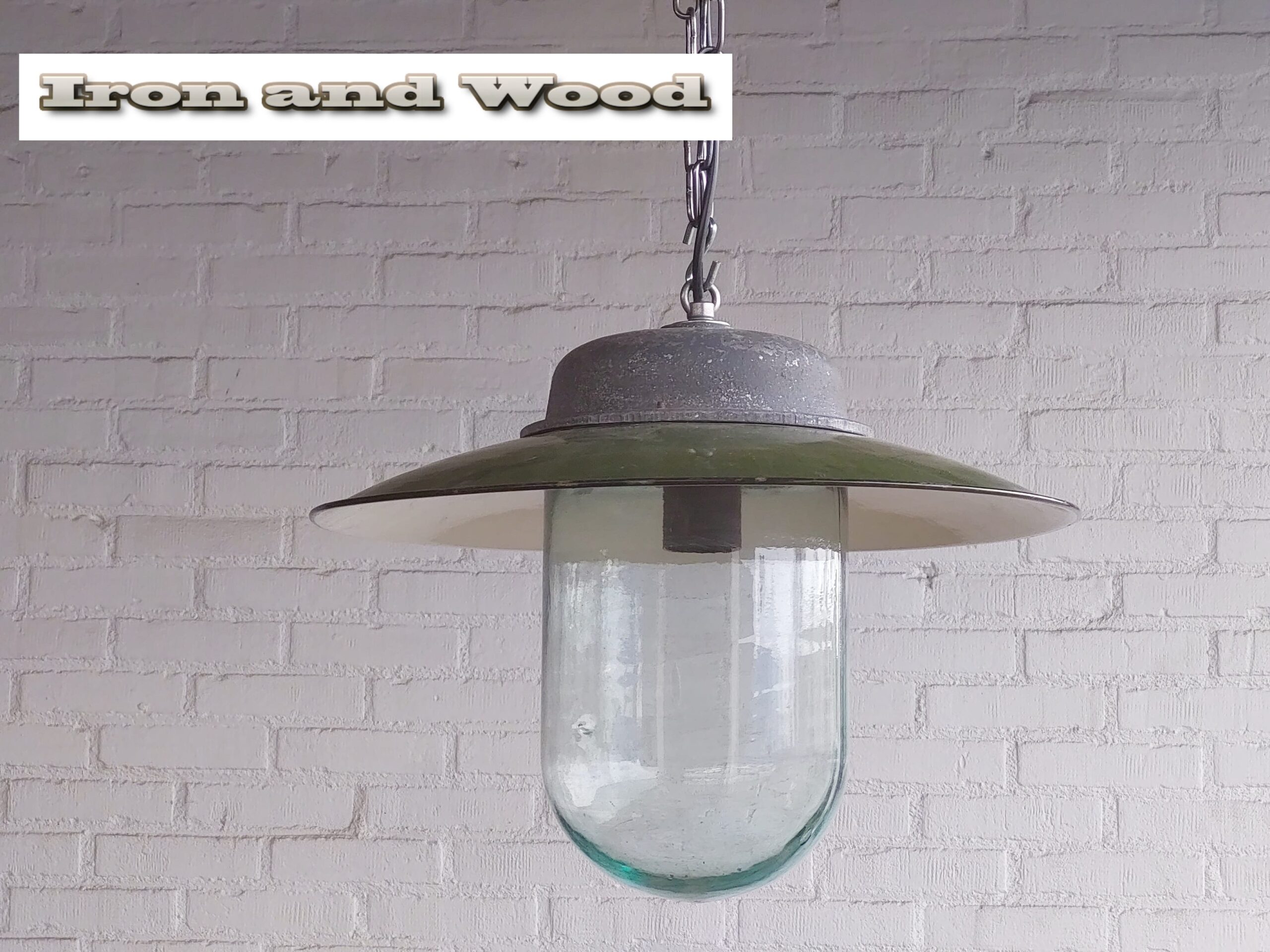 Oude groene emaille lamp met glazen stolp - Afbeelding 6