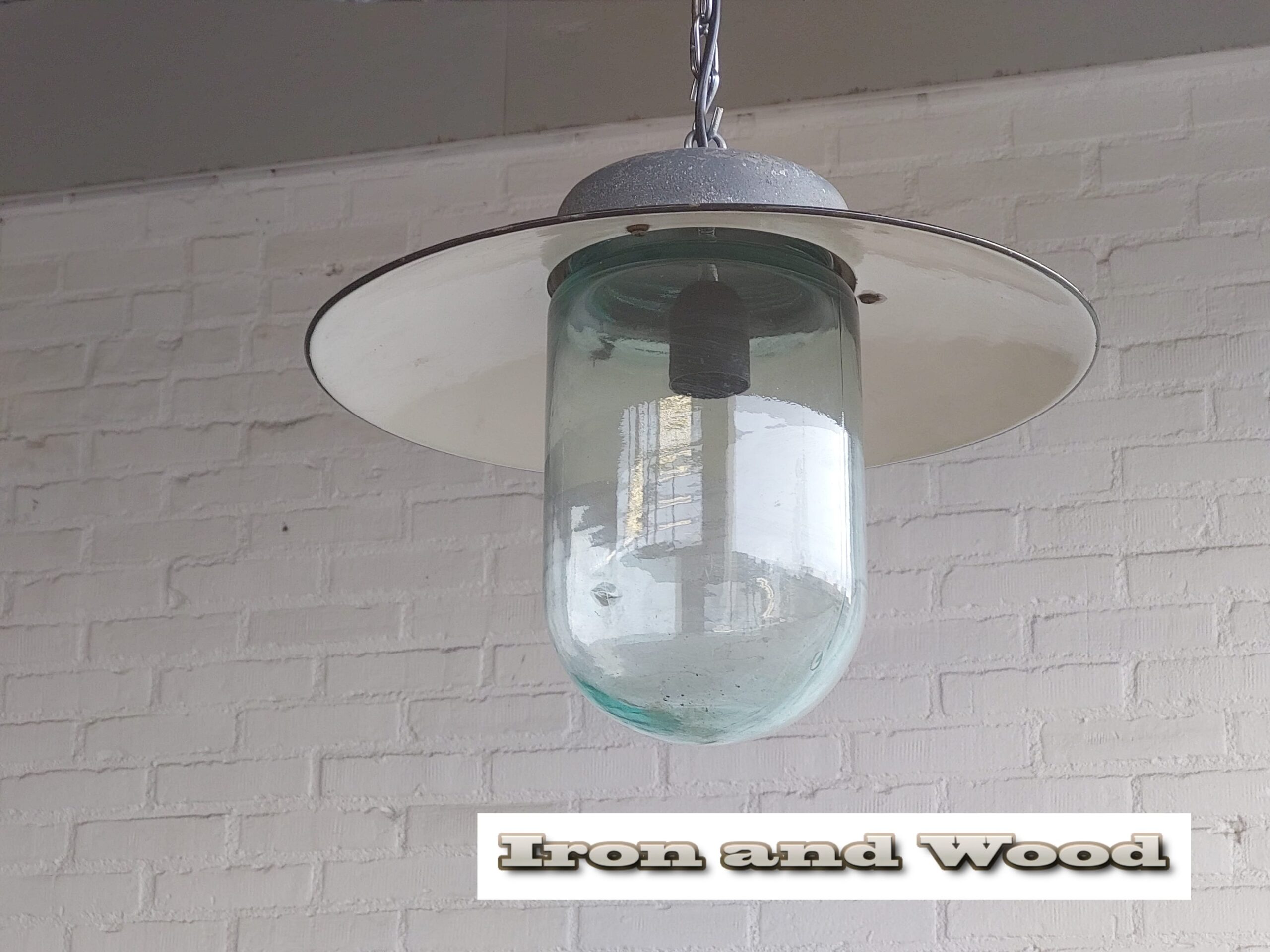 Oude groene emaille lamp met glazen stolp - Afbeelding 7