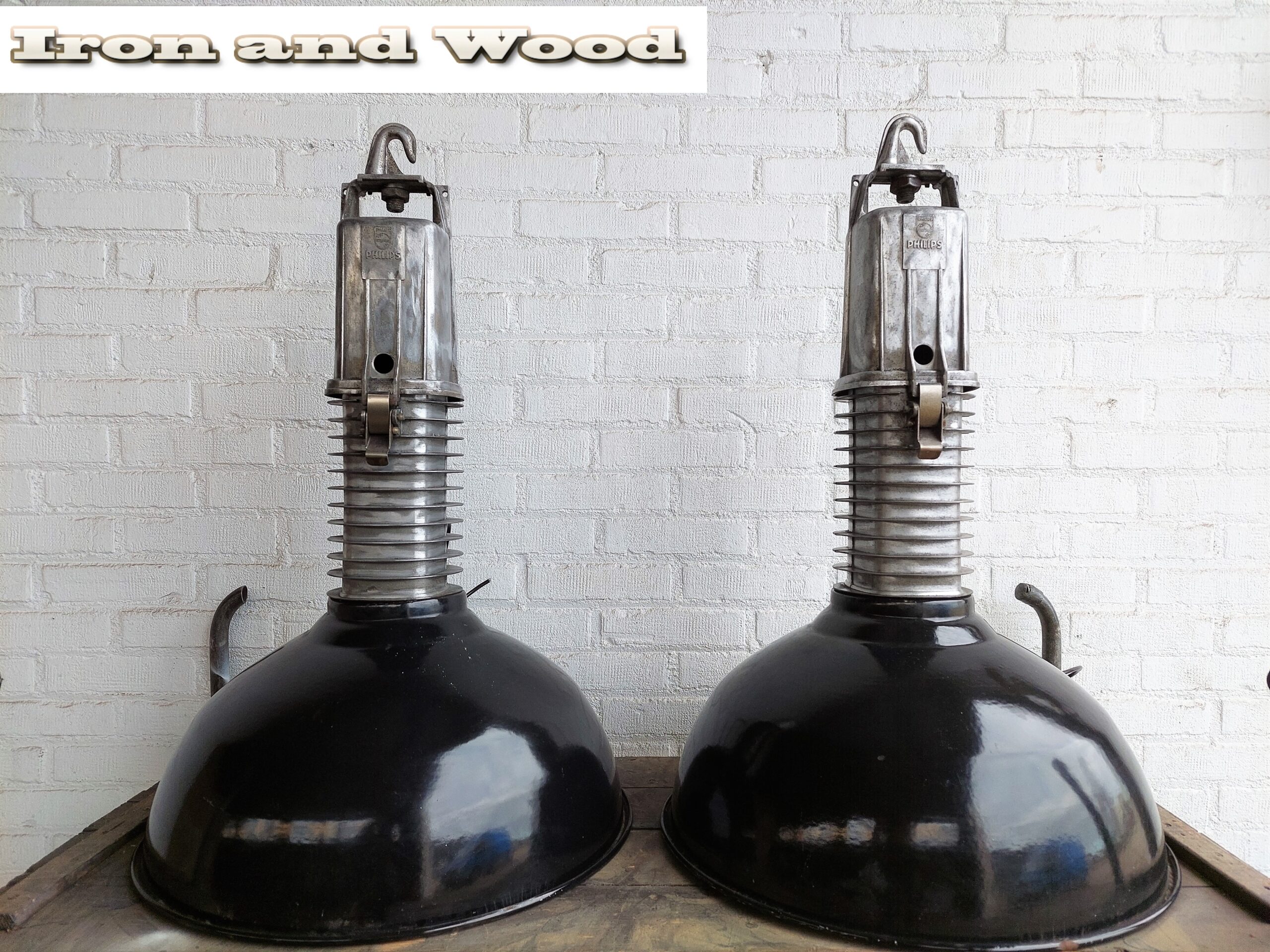 Grote zwarte industriële oude Philips lamp / fabriekslamp - Afbeelding 6