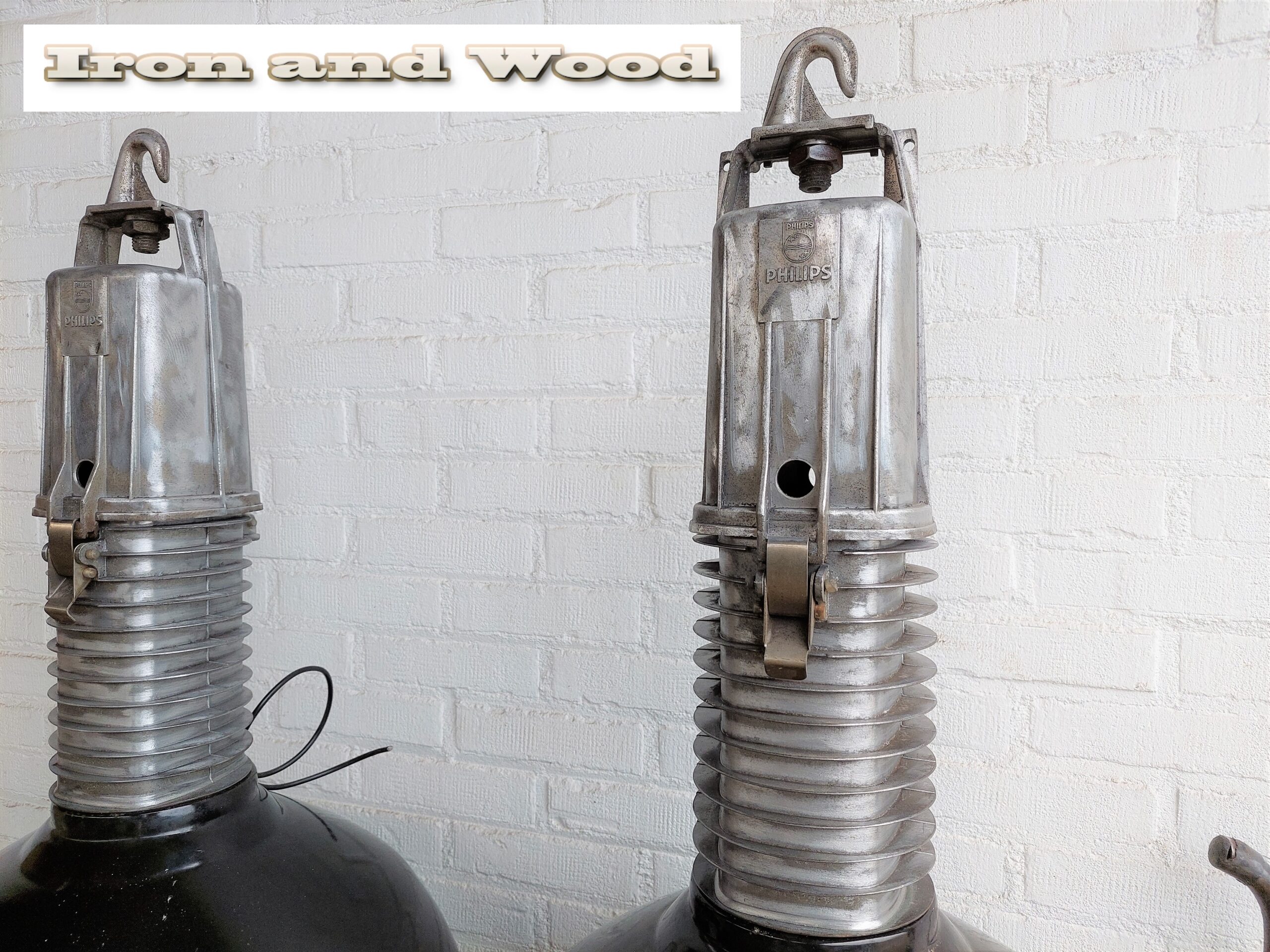 Grote zwarte industriële oude Philips lamp / fabriekslamp - Afbeelding 4