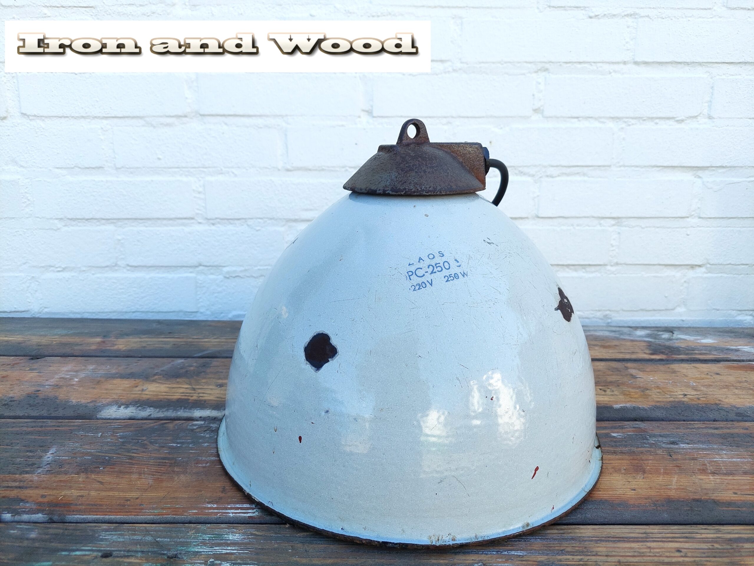 Vintage grijze oude emaille lamp - Afbeelding 6