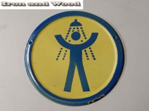 Oud emaille rond geel donkerblauw bord douche