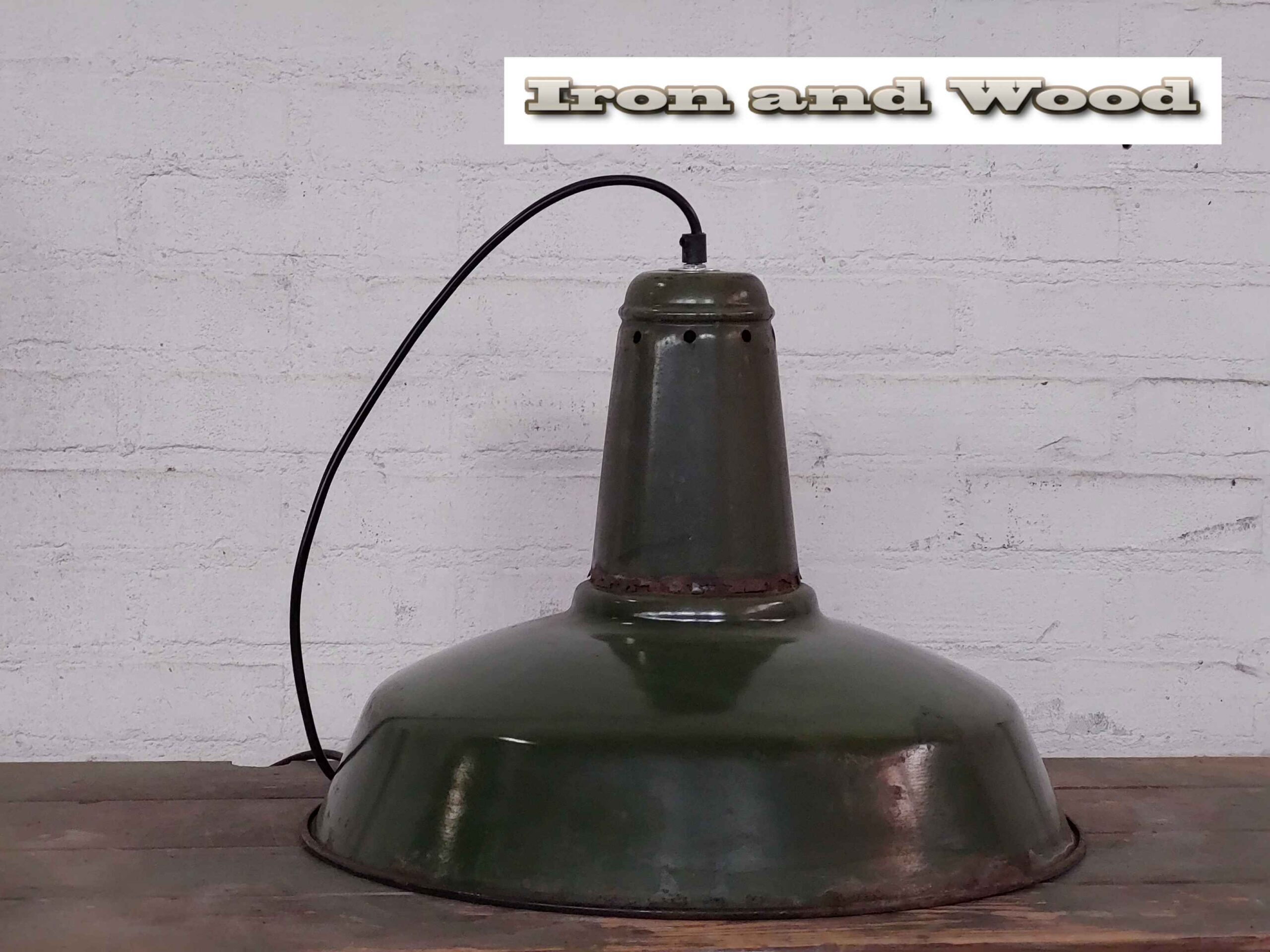 Groene grote oude vintage emaille lamp - Afbeelding 6