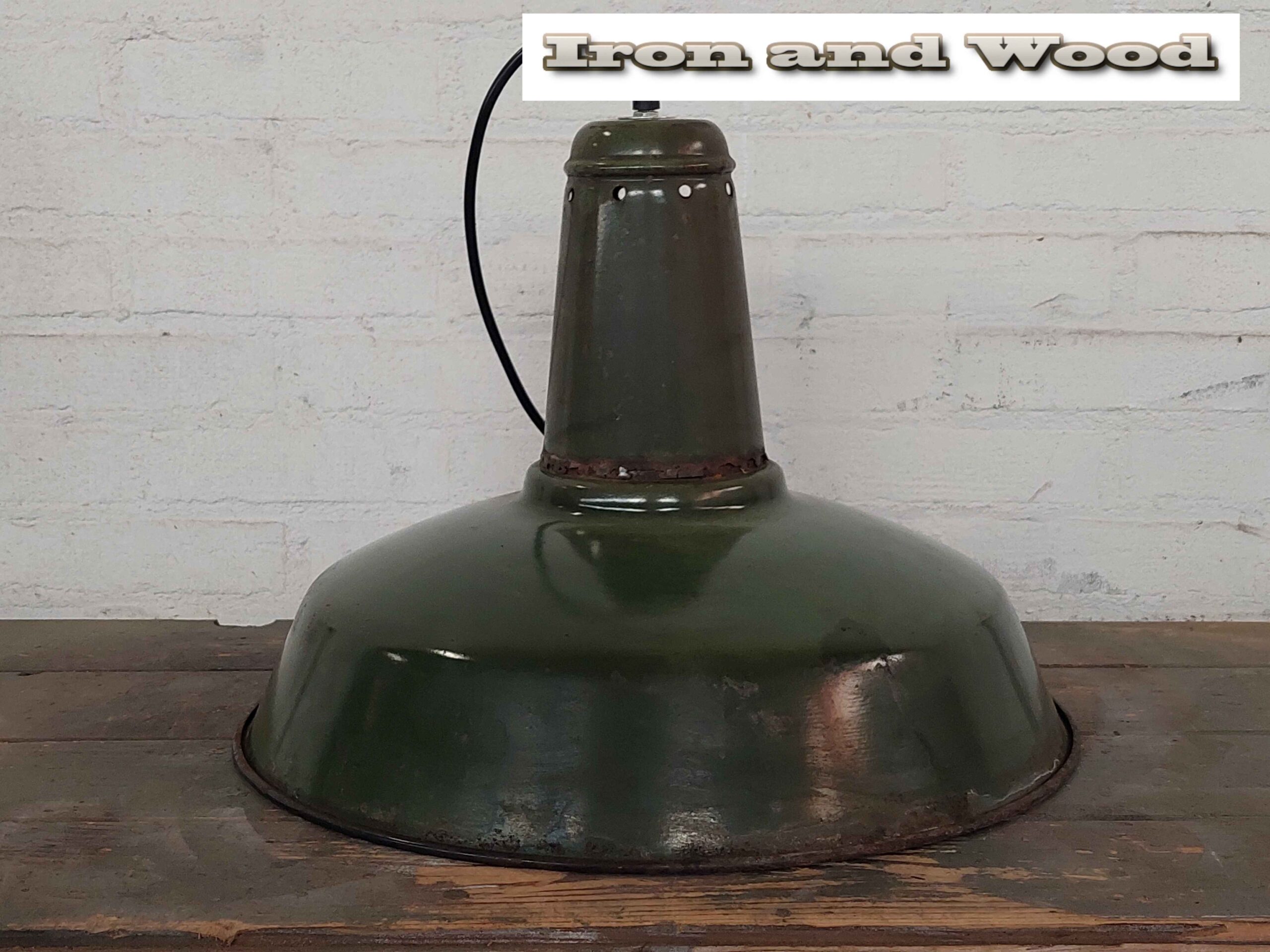 Groene grote oude vintage emaille lamp - Afbeelding 7